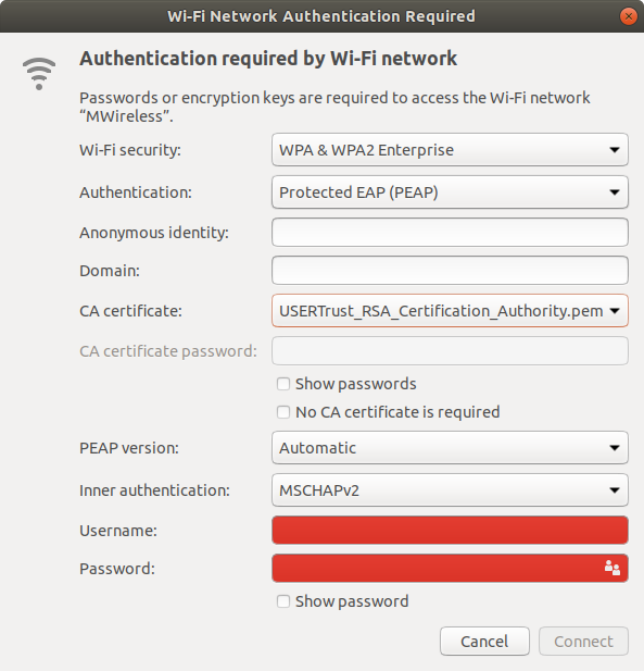 Screenshot of the "Wifi Network Authentication" menu