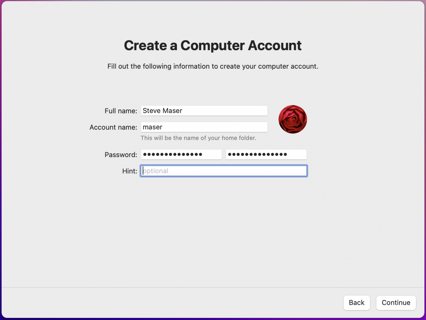 create computer account screen prefilled with user information