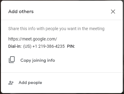 Screenshot of the Add others pop-up when entering a Google Meet session