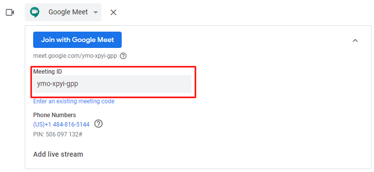Screenshot of Google Meet session details in Google Calendar, red square around Meeting ID information