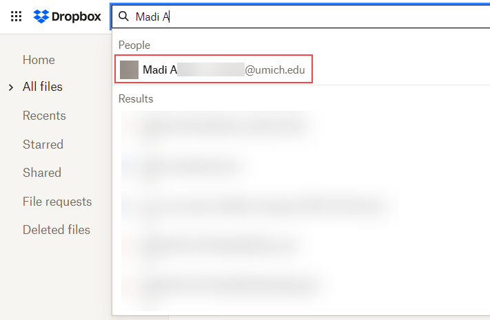 Dropbox search field with "Madi A" entered and a red box around the user's contact card.