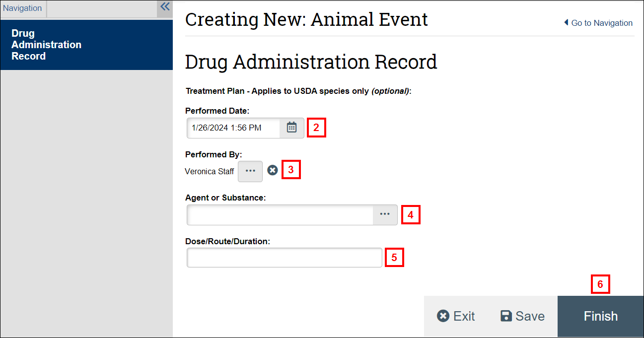 Create New Animal Event Drug Administration Record form screenshot