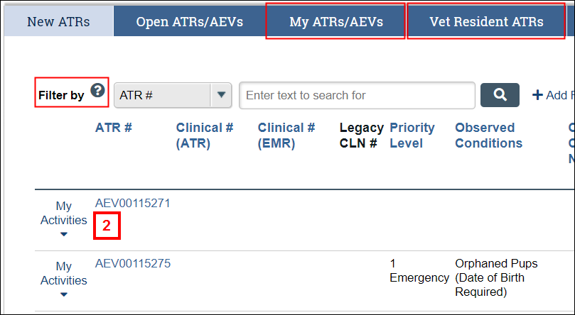 New ATRs tab on ATR/EMR Home workspace in eRAM screenshot with fields highlighted