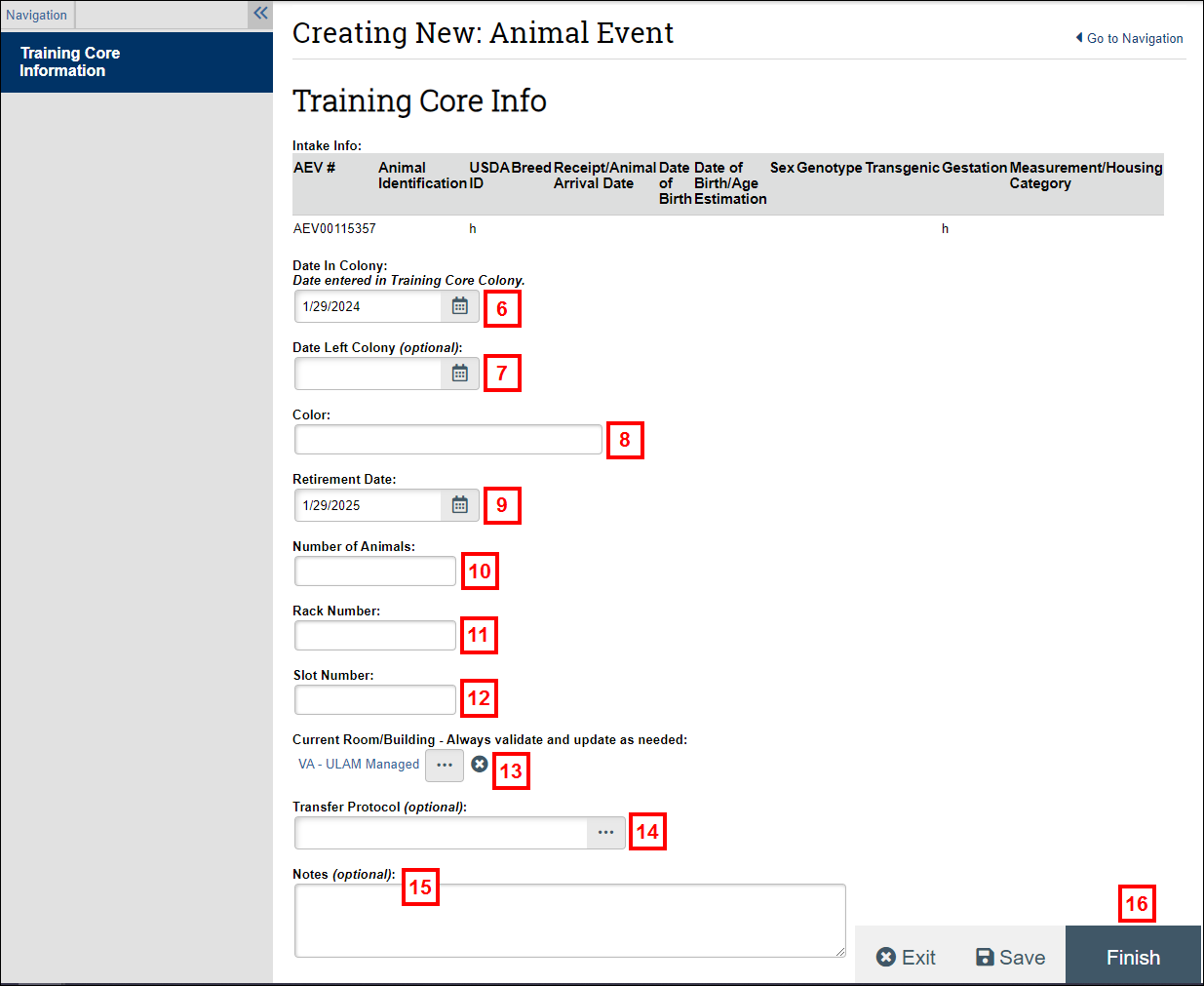 Creating New Animal Event Training Core Info page steps 6-16