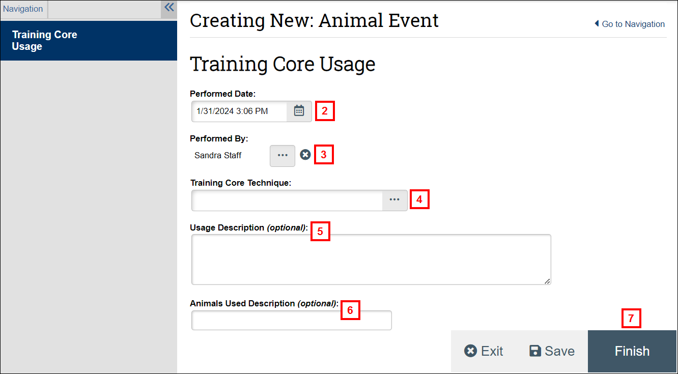 Creating New Animal Event Training Core Usage page steps 2-7