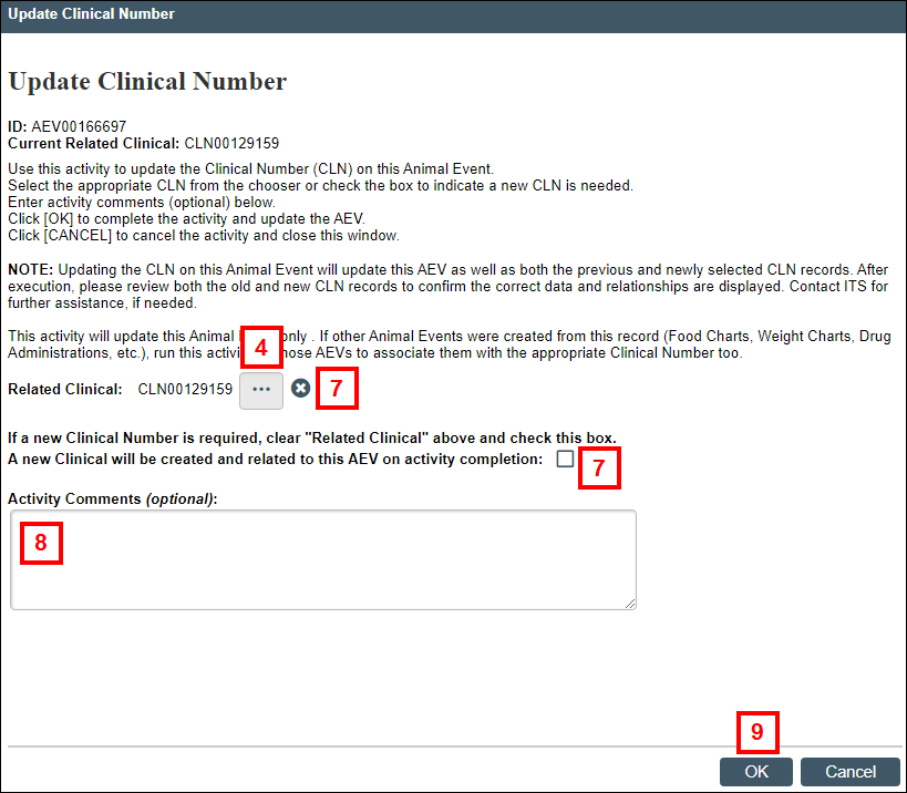 Update Clinical Number page displaying steps 4-9