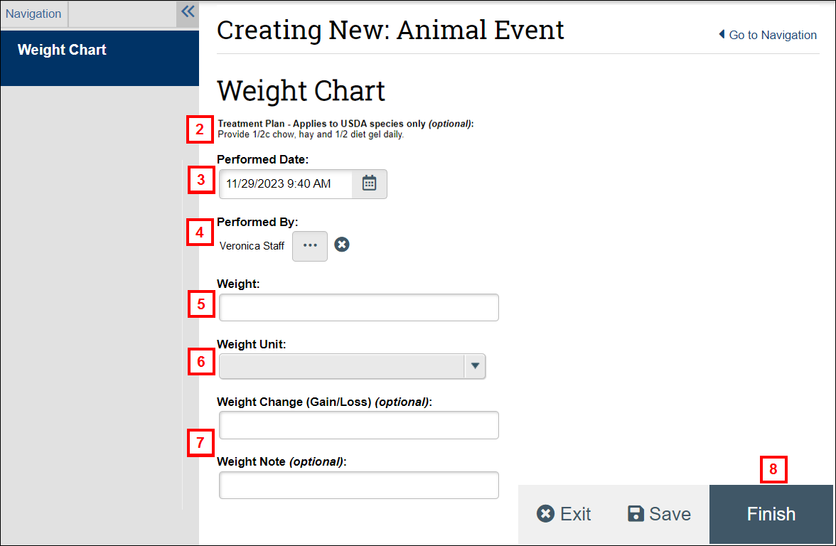 Weight Chart Record worksheet screenshot showing steps 2-7