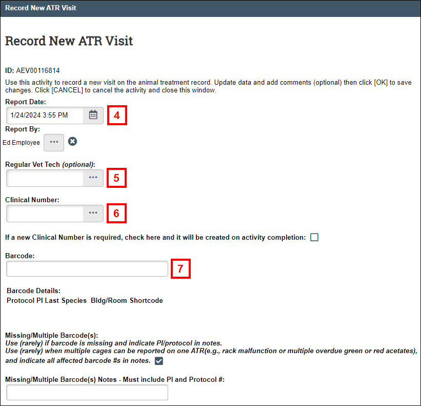 Record New ATR Visit window showing steps 1-7