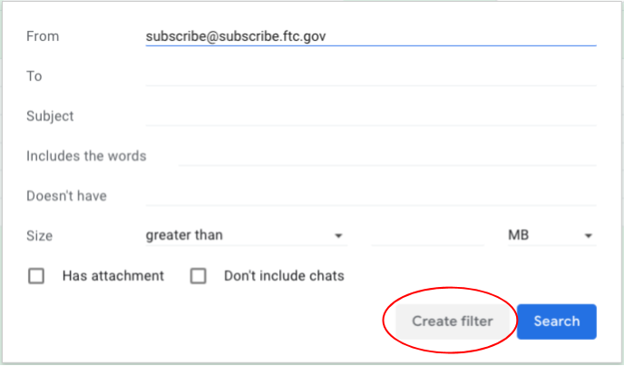 Create Filter dialog menu with a red circle around Create filter button