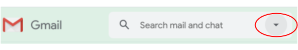 Gmail search bar, red circle around down arrow