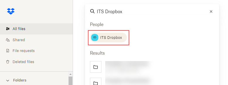 Dropbox search field with "ITS Dropbox" entered and a red box around the user's contact card