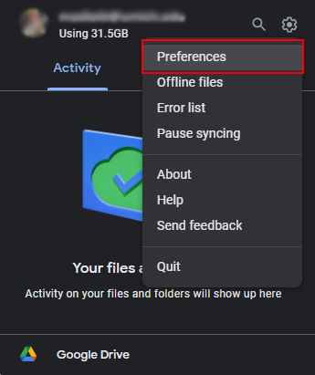 Google Drive for desktop menu with a red box around Preferences 