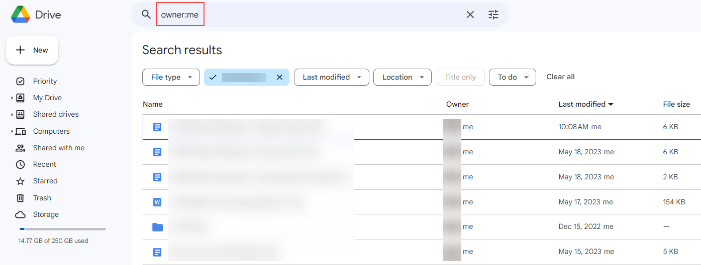 Google Drive search results for files owned by you, red box around the "owner:me" query in the search field