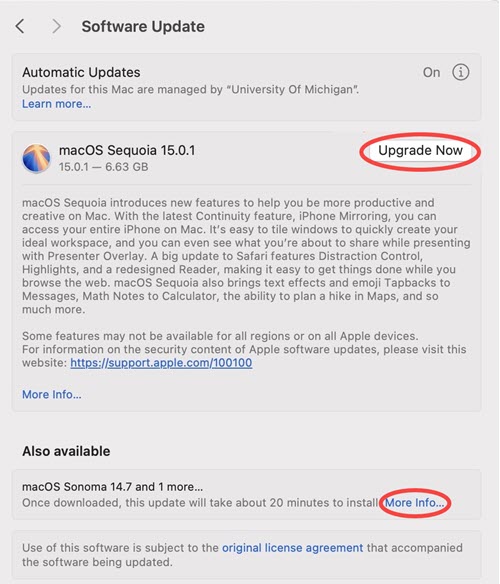 macOS Software update window with Upgrade and More Info highlighted