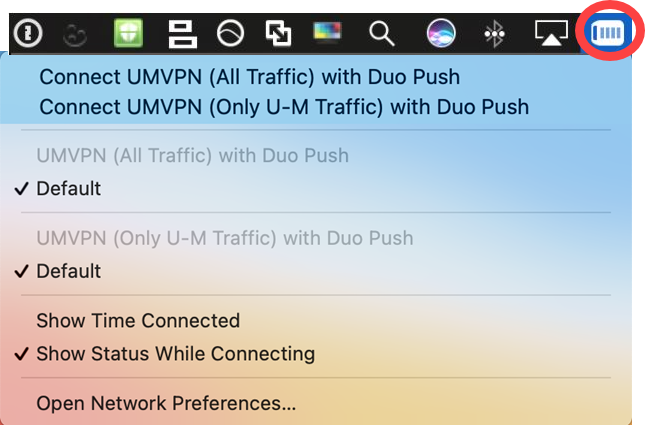 VPN icon shown in menu bar with UMVPN profiles