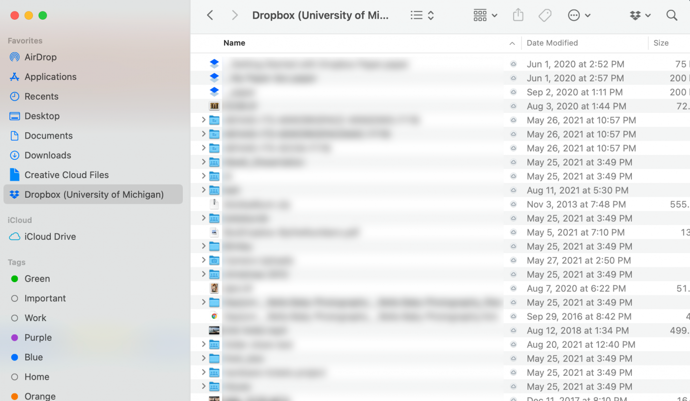 Mac Finder view for the Dropbox desktop app folder