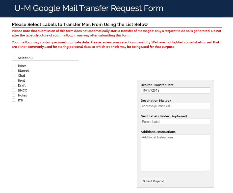 Screenshot of the U-M Google Mail Transfer Form