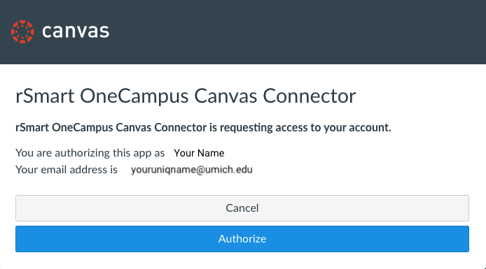 Prompt to authorize rSmart OneCampus Canvas Connector