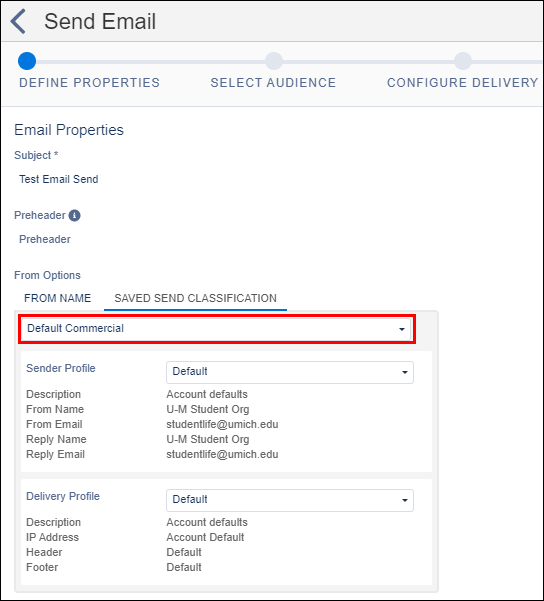Screenshot of the Define Properties page, Email Properties section with the Send Classification field highlighted.