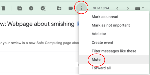 Gmail More drop-down menu, red circle around three-dots icon and another red circle around Mute option