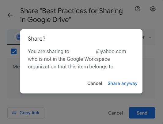 New Google Drive sharing dialog box with warning stating you are sharing the file with an external, non-Google email address