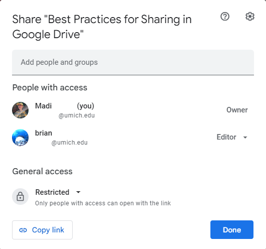 New Google Drive sharing dialog box with new "People with access" and "General access" headers