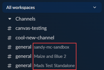 List of channels in Slack, three "general" duplicate name channels, red box around the workspace names that correspond to each channel found next to each channel name in the list