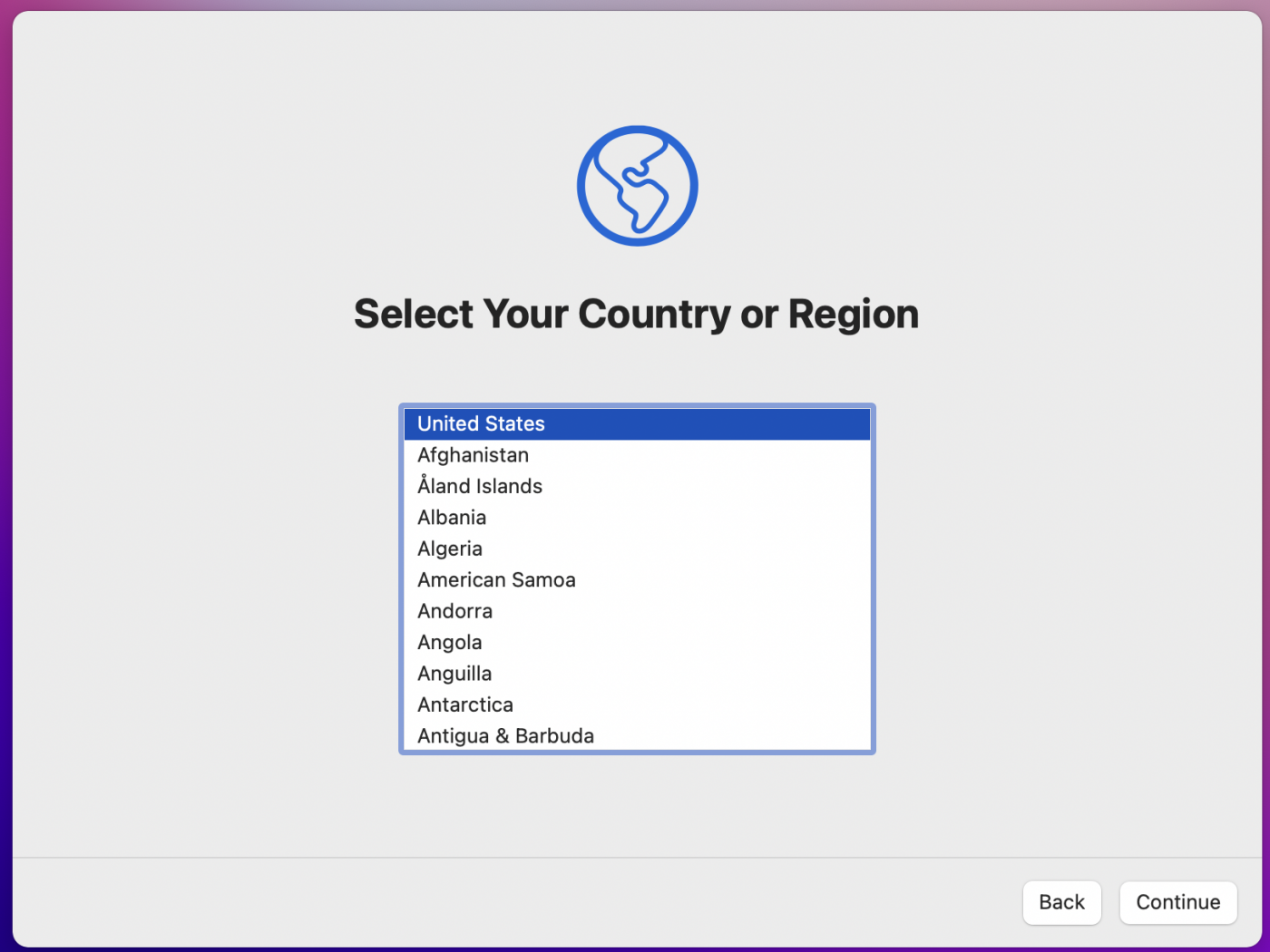select country or region