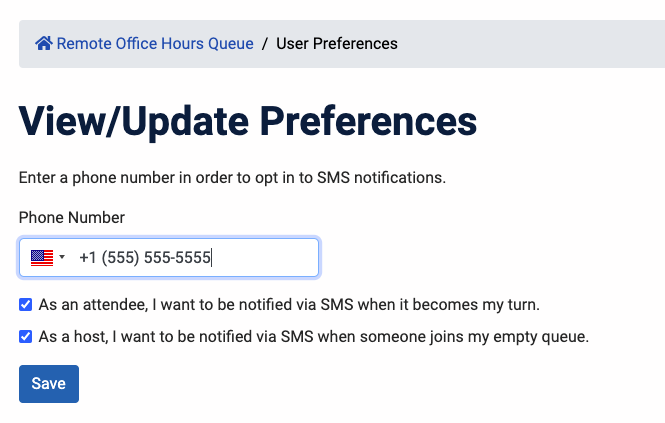 View/Update Preferences page