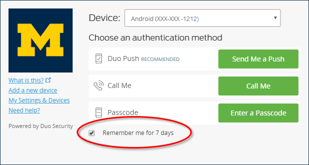 Duo Login prompts with Remember me for 7 days checkbox checked.