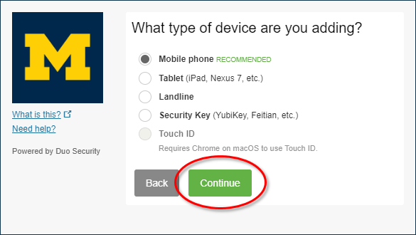 What type of device are you adding? page. Mobile, table, or landline options.