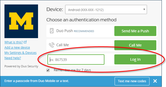 Choose an authentication method page - enter a passcode