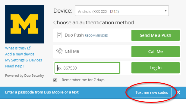 Choose an authentication method page - text me new codes button