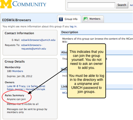 Screenshot of group profile of a group that you can join. This is listed in the Rules Summary in the profile. You must be able to log in to the directory with a uniqname and UMICH password to join or resign from groups.