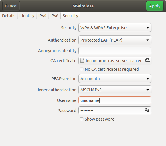 Screenshot of the Security tab on Linux