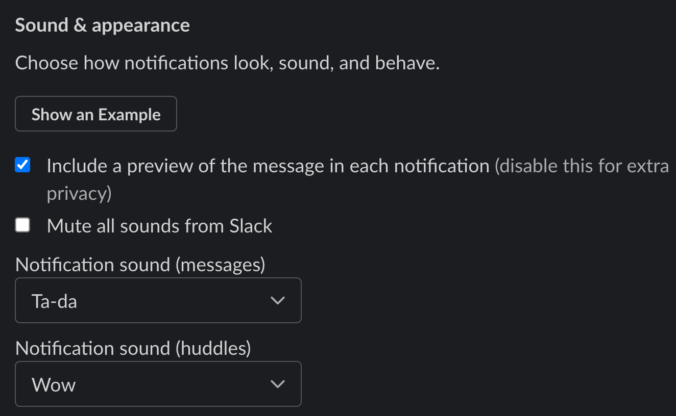 Sound & appearance section in the Slack Preferences menu on macOS