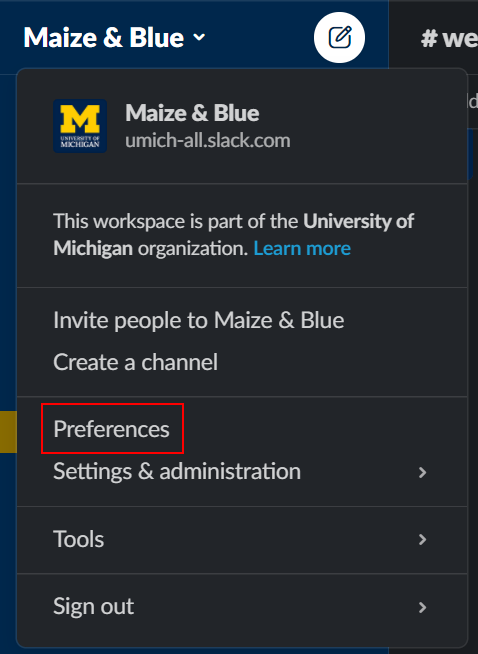 Slack Maize and Blue workspace drop-down menu, red box around Preferences.