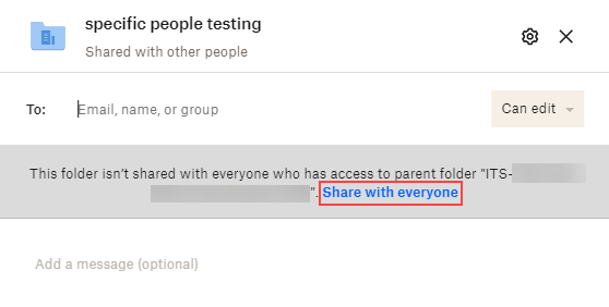 Sharing dialog box in Dropbox, shows that the subfolder is shared with other people. Red box around "Share with everyone".