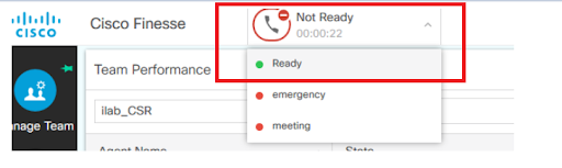 Screenshot of Cisco Finesse with a red box around the Not Ready staus drop-down.