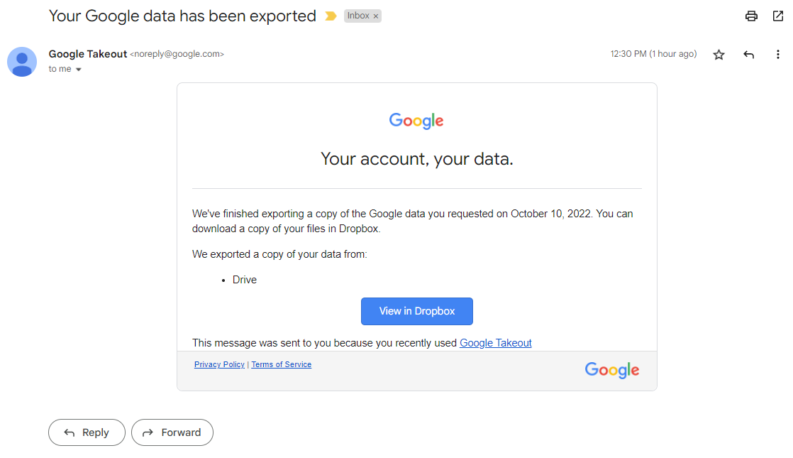 Email from Google Takeout regarding your Dropbox export