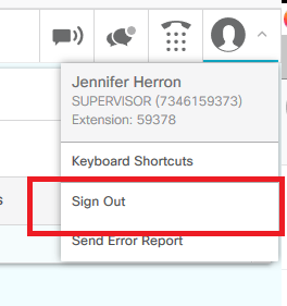 Screenshot of Cisco Finesse with a red box around Sign Out in the account drop-down.