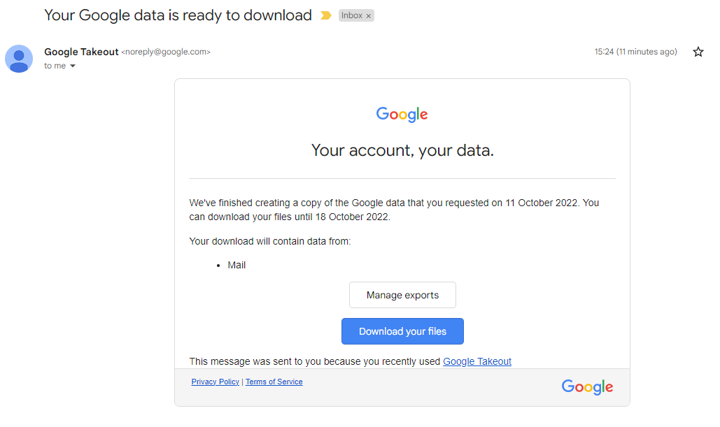 Email from Google Takeout regarding your Gmail export