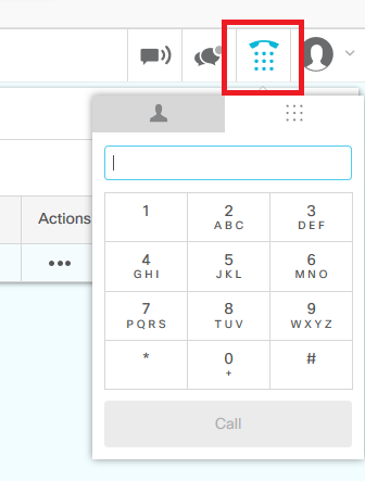 Screenshot of Cisco Finesse with a red box around the Make a new call icon, showing a dialpad drop-down.