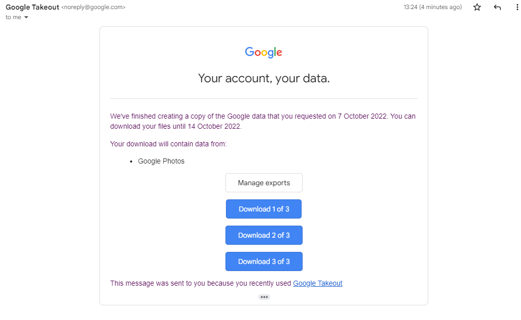 Email from Google Takeout regarding your Photos export