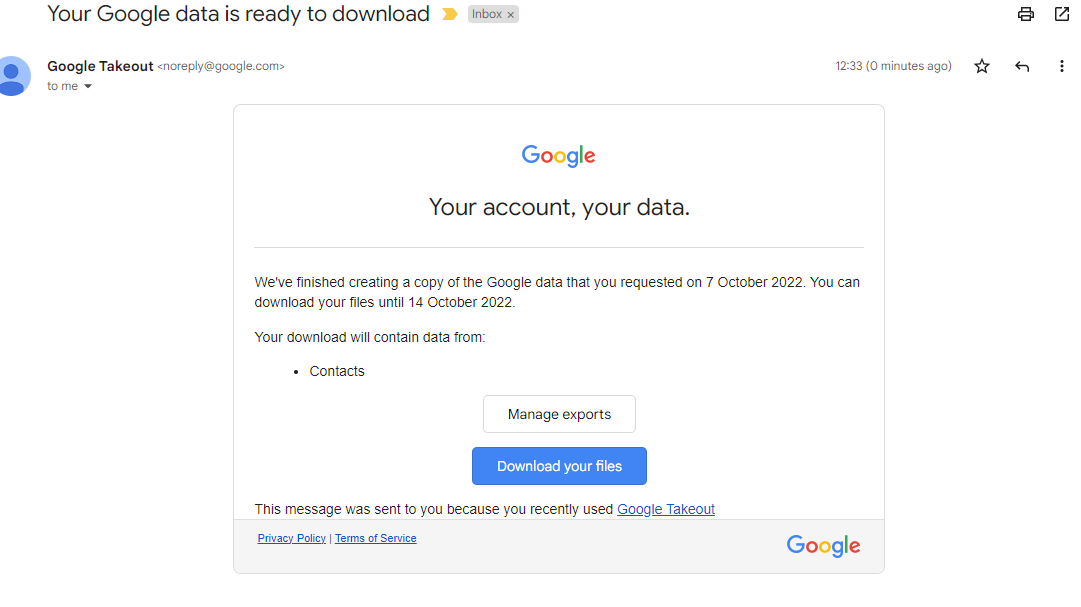 Email from Google Takeout regarding your Contacts export