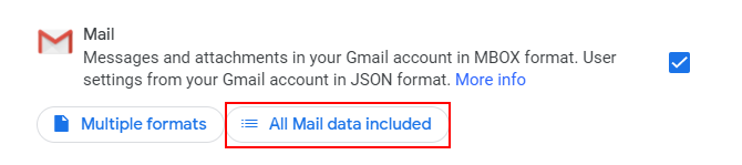 Gmail section in Google Takeout with a red box around All Mail data included