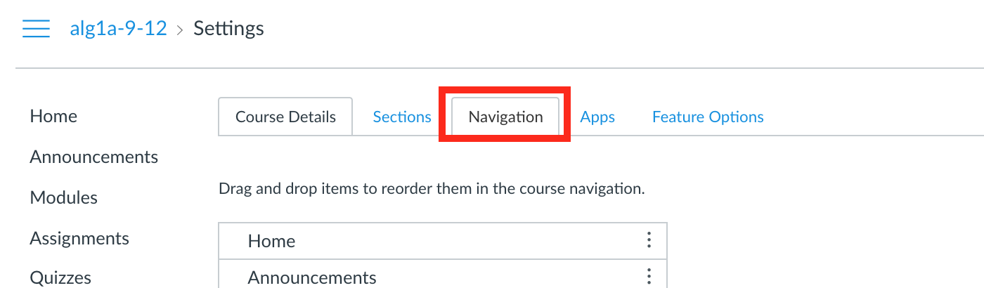 Canvas course settings, red box around Navigation tab