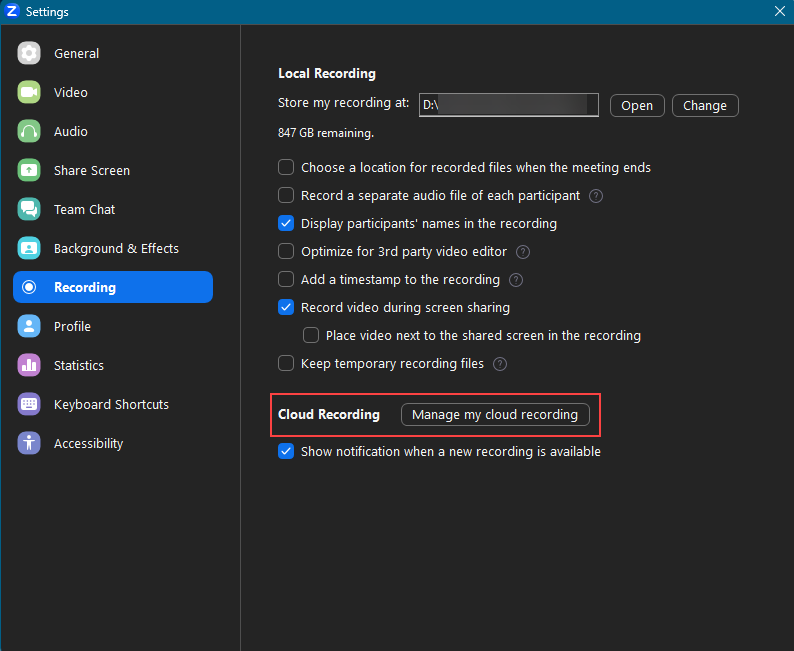 Zoom desktop client settings under Recording section, red box around "Cloud Recording"